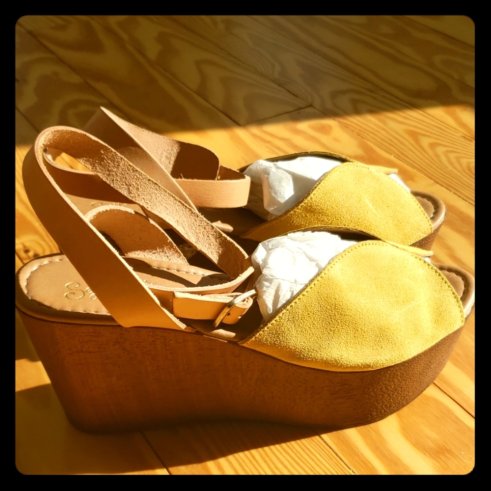Never Worn! Harvest yellow suede wedge sandals